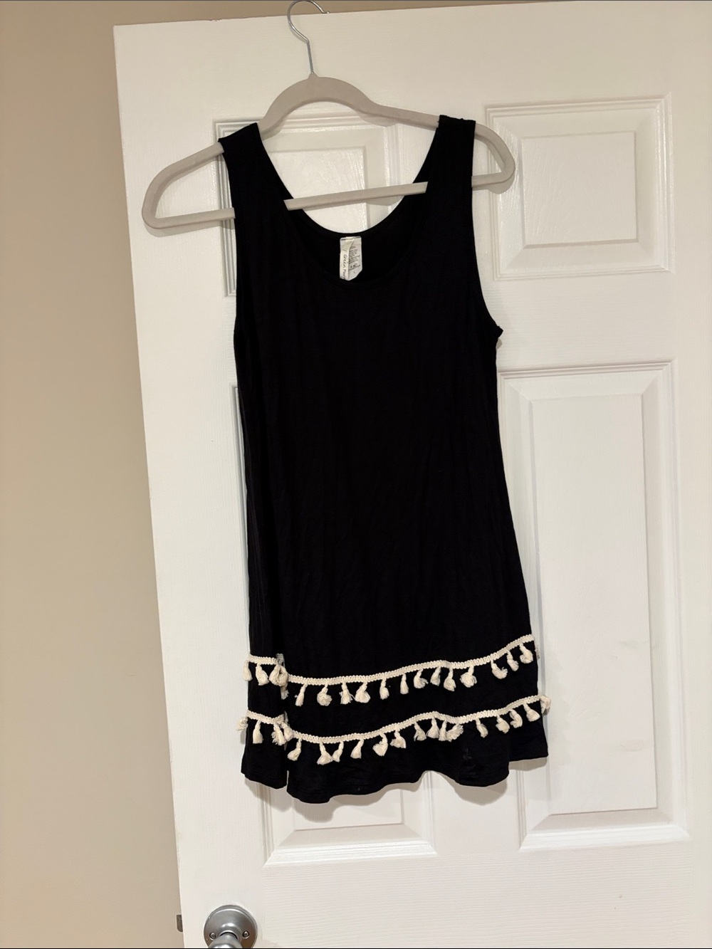 Black Sleeveless Casual Dress with Cream Tassel Trim